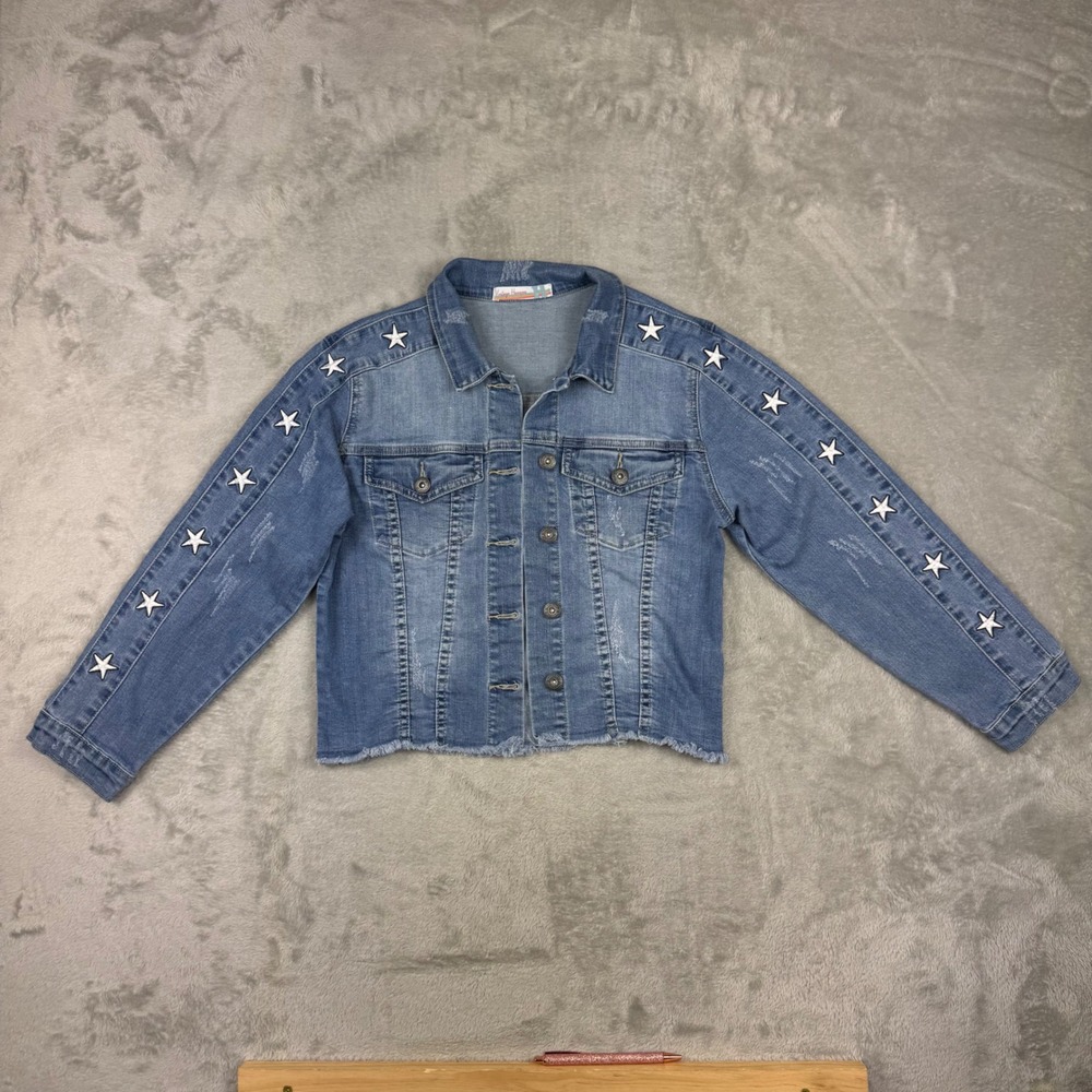 Vintage Havana Girls M Denim Jacket Embroidered Stars Distressed Raw Hem Blue